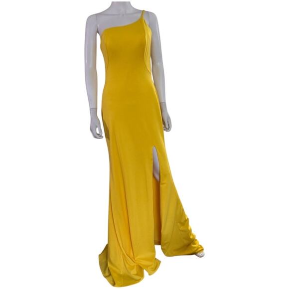 NEW LA FEMME Yellow 28176 One Shoulder Jersey Gown Prom Dress Size 6 - Picture 3 of 5